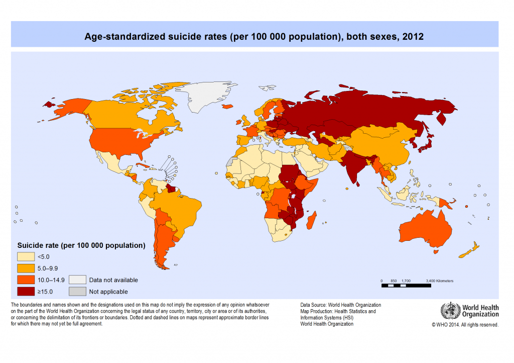 Suicide rates per 100,000 citizens. Data: World Health Organisation, 2016